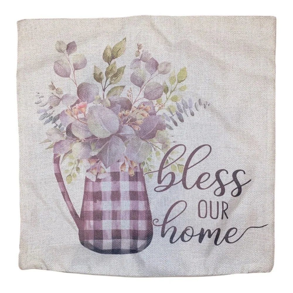 FARMHOUSE STYLE Decorative Pillow Cover Plaid Flower Pot Floral Pattern GRN/PUR